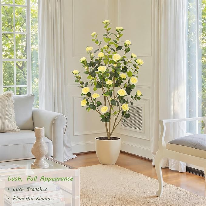 Nafresh 5FT Lush Artificial Yellow Camellia Tree Outdoor 2 Pack, 60inch Faux Camellia Plant, Fake Camellia Flowers Tree for Indoor Outdoor Living Room Home Patio Front Door Garden Decor