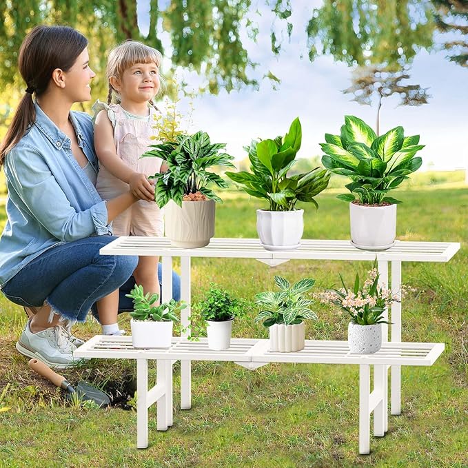 jsyonii 2 Tier Metal Plant Stand Outdoor Indoor Waterproof, Heavy Duty Outdoor Plant Shelf, Foldable Ladder Plant Stands Display Rack for Garden Window, 8.3/15.4'' Tall (White)