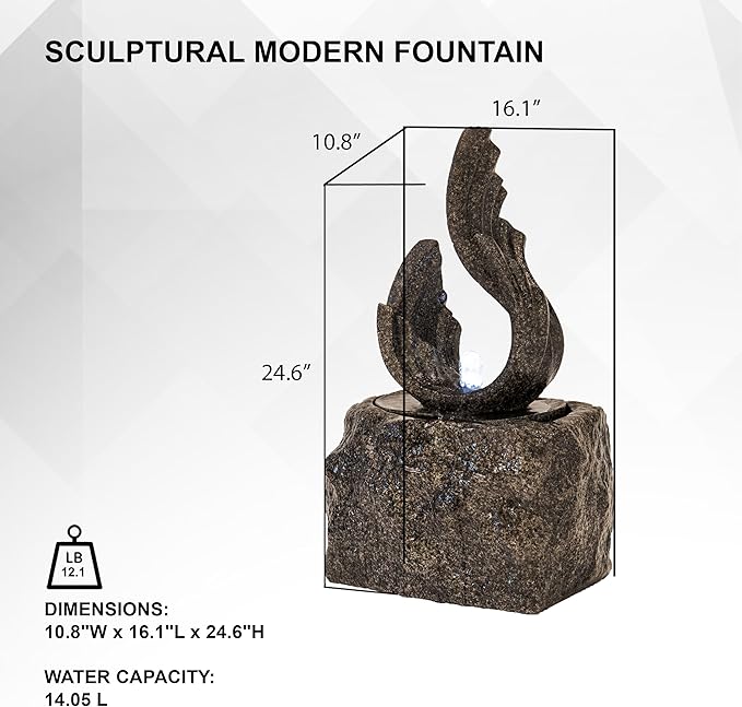 XBrand 25 in H Stone-Look Sculptural Modern Freestanding Fiber Resin Outdoor Garden Fountain w/LED Light, Black