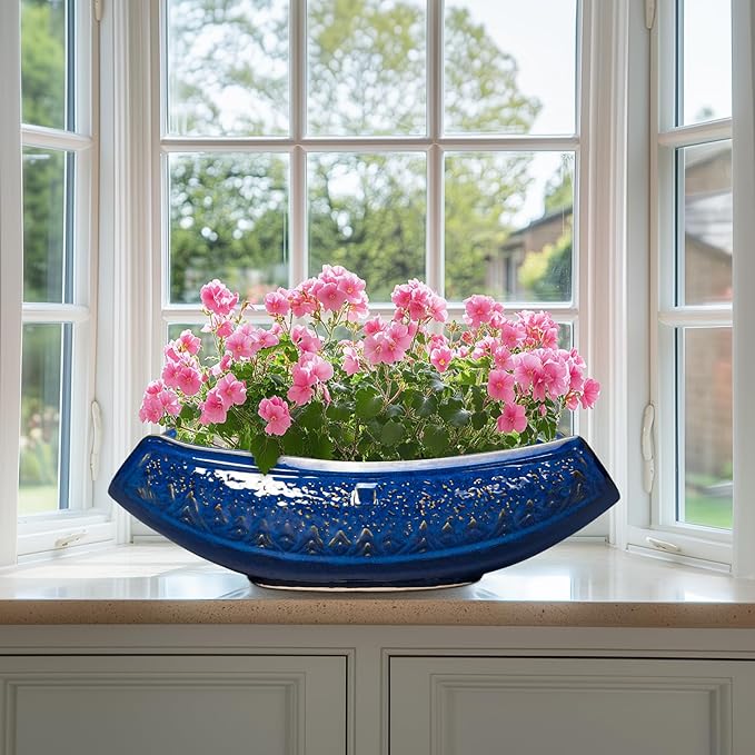 Teagas Bonsai Pots - 18 Inch Large Ceramic Succulent Pots for Indoor Outdoor, Bonsai Planter with Drainage Hole, Ceramic Flower Pot, Decorative Plant Pot, Gifts for Plant Lovers, Office Decor, Blue