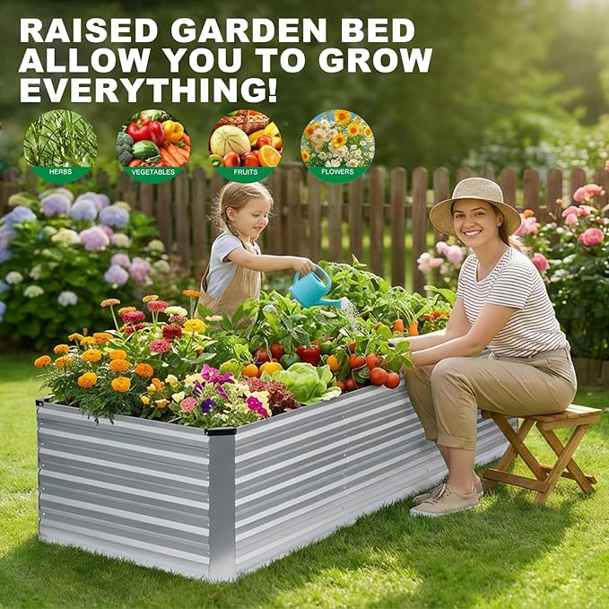 8x3x2FT Galvanized Raised Garden Bed, Outdoor Metal Raised Planter Box for Vegetables, Elevated Rust-Resistant Rectangle Gardening Container Kit with Reinforced Panels for Backyard, Patio(Silver)