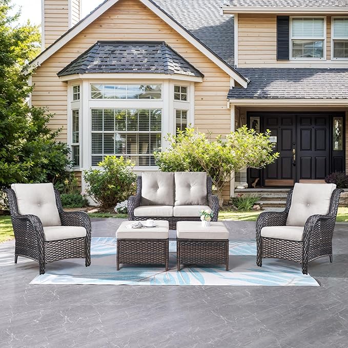 Belord Outdoor Wicker Furniture 5 Pieces Patio Furniture Set Patio Wicker Chairs with Ottomans Conversation Set for Porch Garden Deck Balcony Poolside