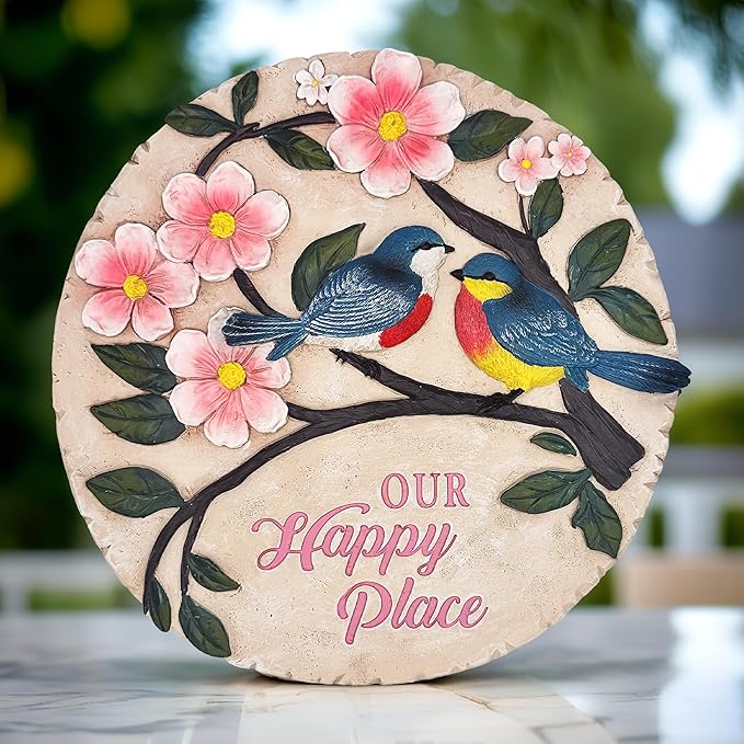 OrnamentallyYou Elegant Resin Stepping Stone, Outdoor Garden Pathway Decoration (Blossoming Songbirds Positivity Stepping Stone, 9.5" Happiness Garden Decoration and Support Gift)