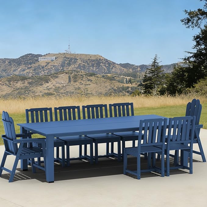 11-Piece Patio Dining Set for 10, HDPE All-Weather Outdoor Furniture with Umbrella Hole Table, 89.76” Oversized Table, 2 Armchairs & 8 Armless Chairs, Navy