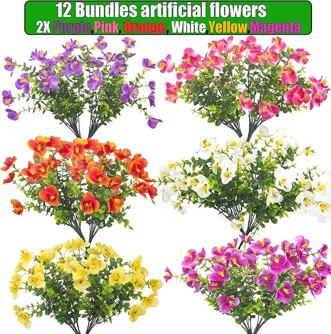 Grunyia Outdoor Artificial Flowers UV Resistant - Realistic Faux Floral Arrangements for Garden, Patio, Porch Décor - All-Weather Fade Proof & Low Maintenance (12 Pack, Mixed Styles)