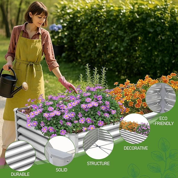 VINGLI 6x3x2ft Raised Garden Bed, Large Planter Garden Boxes Outdoor, Planter Raised Beds Kit for Gardening for Vegetables, Flowers, Herbs (Silver)