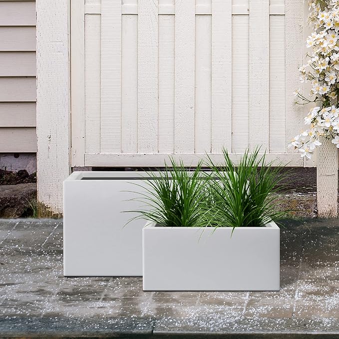 Kante 31.4" and 23.6" L Rectangular Concrete Planters (Set of 2), Outdoor Indoor Modern Plant Pot with Drainage Hole and Rubber Plug for Garden, Patio, Pure White Finish