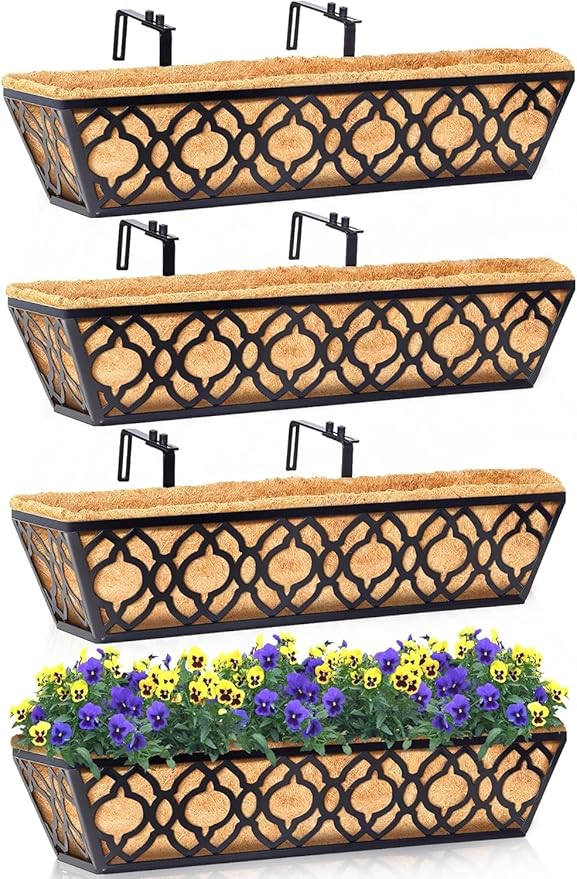 Y&M 24in Window Planter Box 4Pcs Iron Railing Planter with Coco Liner for Outdoor Balcony Rail, Fence, Porch, Patio