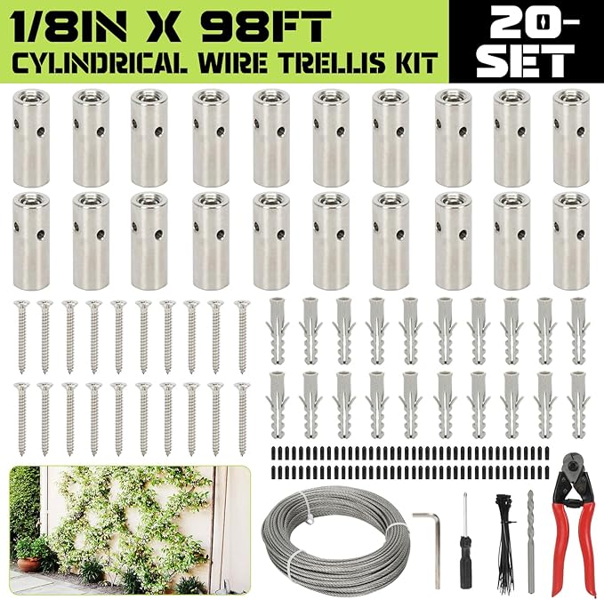 Wire Trellis for Climbing Plants Outdoor, 20-Set Wall Wire Trellis Kit with 1/8" x 98ft Stainless Steel Cable and Cutter, T316 Cylindrical Espalier System for Fence Garden DIY on Concrete Wood Walls