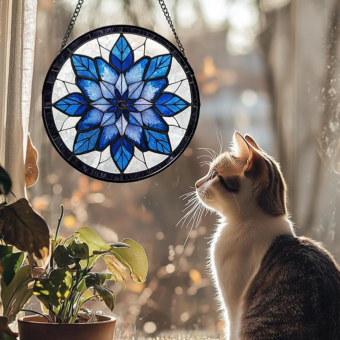 Stained Glass Window Hanging - Blue Snowflake Flowers Suncatcher for Doors Garden Patio Boho Sun Catchers Decor Christmas Mother's Day Birthday Gifts for Women Men Mom Nana Friend 15 in