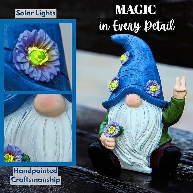 Peace Gnome Garden Statue - Original Design - Blue Peace Gnome Design for Yard, Lawn, Patio, Porch - Weatherproof Resin Garden Decoration - Solar Light - Outdoor Decor & Unique Gnome Gift for Women