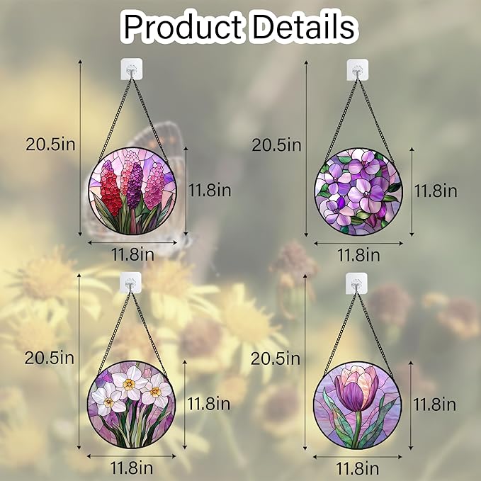 DASTOLL Stained Glass Window Hanging 4 Pcs Set Purple Flower Theme Large 11.8" - Tulip Suncatcher Door Garden Sun Catcher Decor Birthday Christmas for Plant Lovers Woman Nana Men