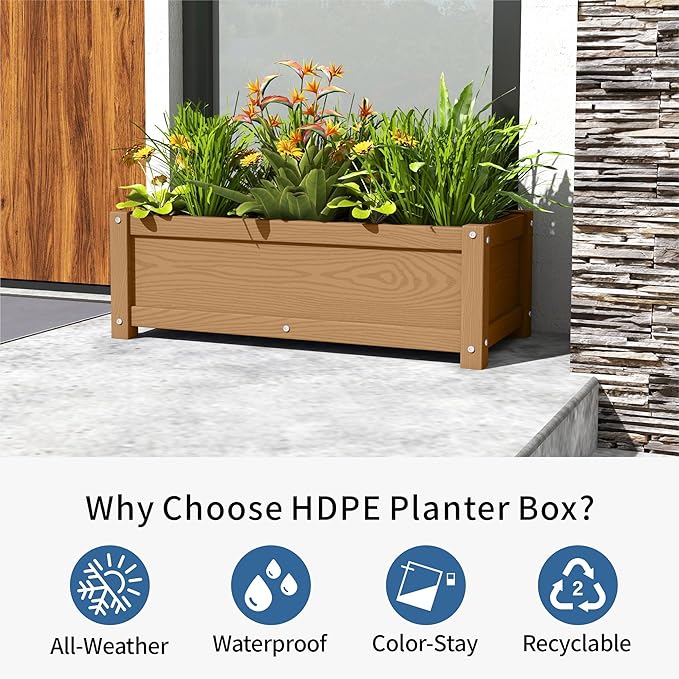 HDPE Planter Box, All-Weather Outdoor Garden Bed Easy to Assemble, Drainage System, Low Maintenance, Non-Fading, for Flower/Herb/Seed (Teak)