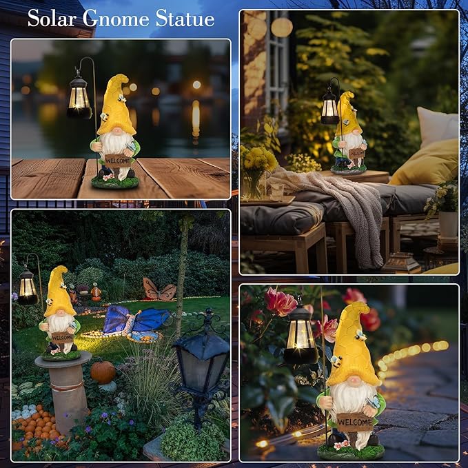 Christmas Gnomes Outdoor Statue with Solar Lights, Waterproof Solar Garden Gnomes Decorations for Yard with Lantern Light Outdoor Decorations for Patio Mom Gift