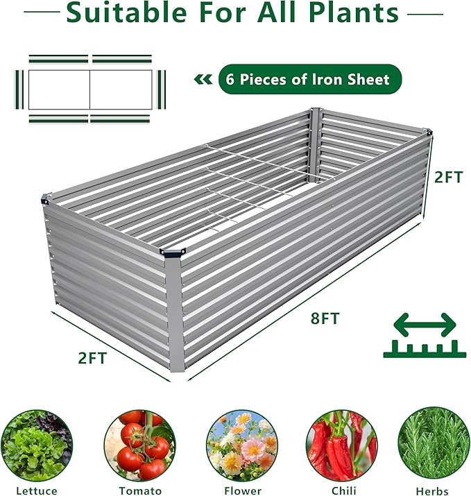 DIIYIV 8x2x2FT Galvanized Raised Garden Bed Kit,Vegetable Plant Boxes-Rectangle Metal Flower Box,Large Planter Raised Beds Outdoor Garden for Planting,Fruit,Herb-Silver