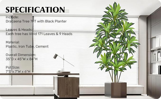 Roselywed Artificial Dracaena Tree 7FT with 171 Leaves & 9 Heads Tall Large Fake Faux Tropical Silk Yucca Plant 84 Inch Glossy Thick Leaves Black Pot for Indoor Home Office Porch Mall School Decor