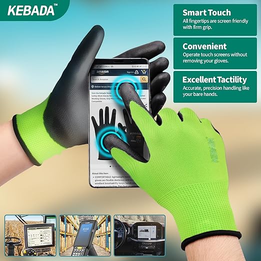 Kebada W1 Work Gloves for Men and Women, Touchscreen PU Coated Gloves with Grip, 50 Pairs Bulk Pack, Ideal for Warehouse Package Handling, Construction, Gardening, Green X-Small