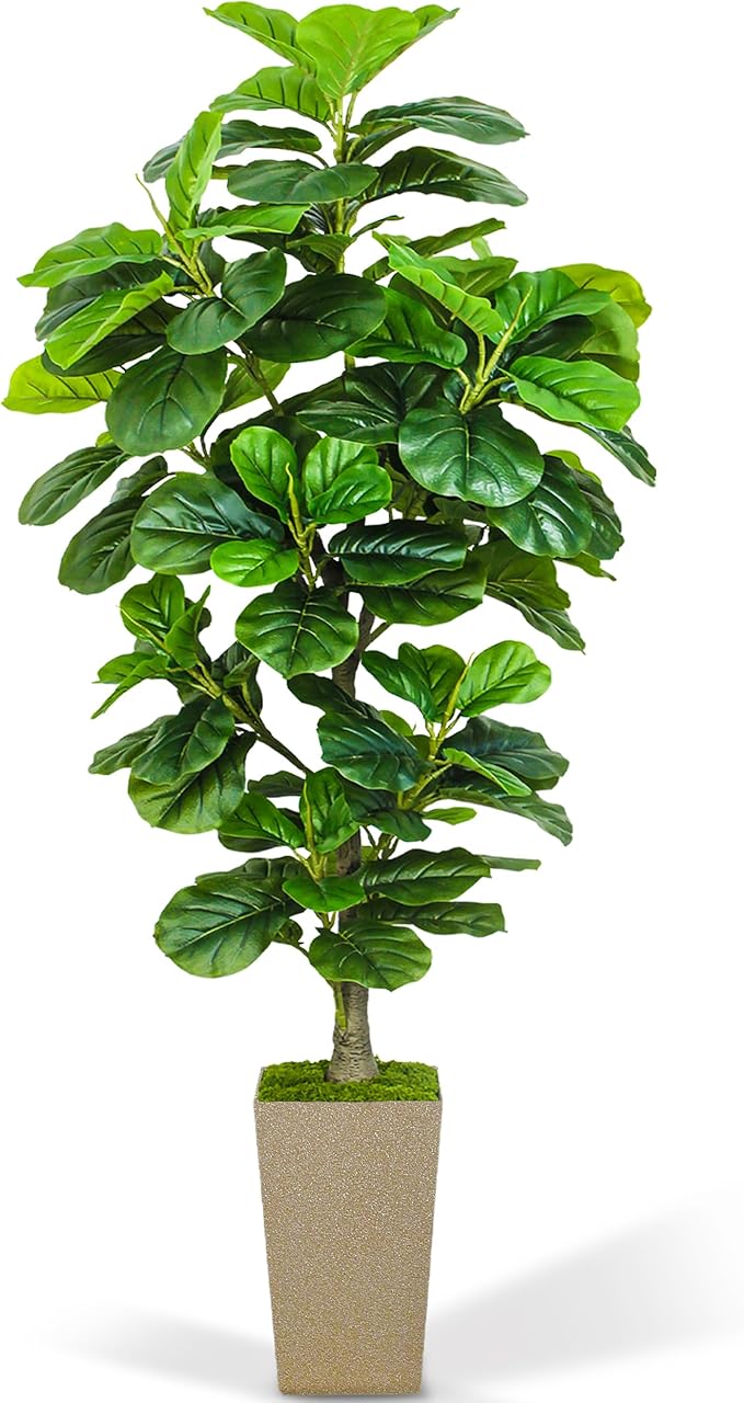 KOPWVA Artificial Fiddle Leaf Fig Tree 6ft, 6 Feet Large Tall Fake Plants Indoor with Modern Style Planter, Artificial Silk Tree for Home Office Living Room Decor Indoor, Lifelike & Lush (Champagne)
