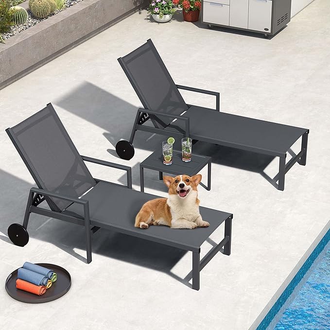 PURPLE LEAF Modern Charcoal Grey Patio Chaise Lounge Set for 2 with Adjustable Pool Chaise Lounge Chair and Table Included