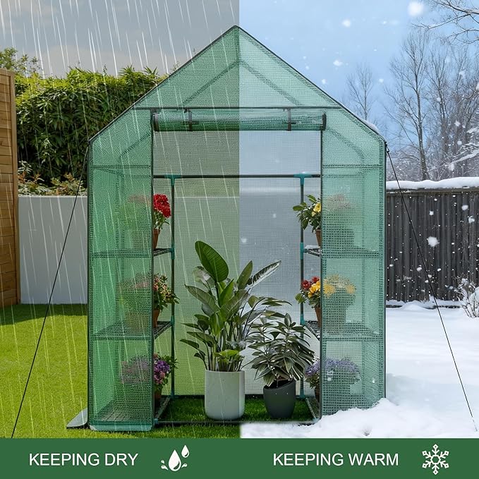 56x56x76 Greenhouse, Portable Green House for Outside Patio, Greenhouses Kit for Outdoor with Shelves, Thicken PE Cover, Ground Nail and Fixed Ropes (Green Cover, 4.6x4.6x6.3 FT)