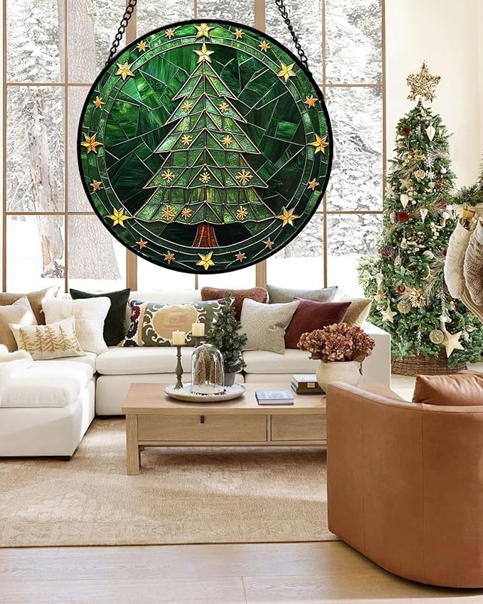 Stained Glass Window Hanging - Green Christmas Tree with Golden Stars Suncatcher for Doors Home Christmas Decoration Sun Catcher Thanksgiving New Year Birthday Gifts for Women Men Mom Nana 7.8 in