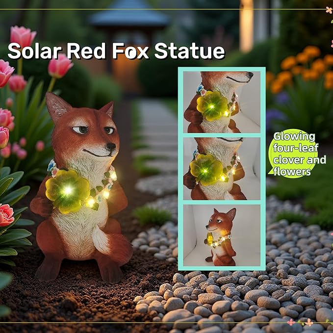 Solar Fox Garden Statue Nick Inspired 12 Inch, Resin Red Fox Figurine Led Outdoor Decor w/ Four-leaf Clover Light, Collectible Garden Guardian Yard Patio Ornaments for Spring St.Pactrick's Mom Gifts
