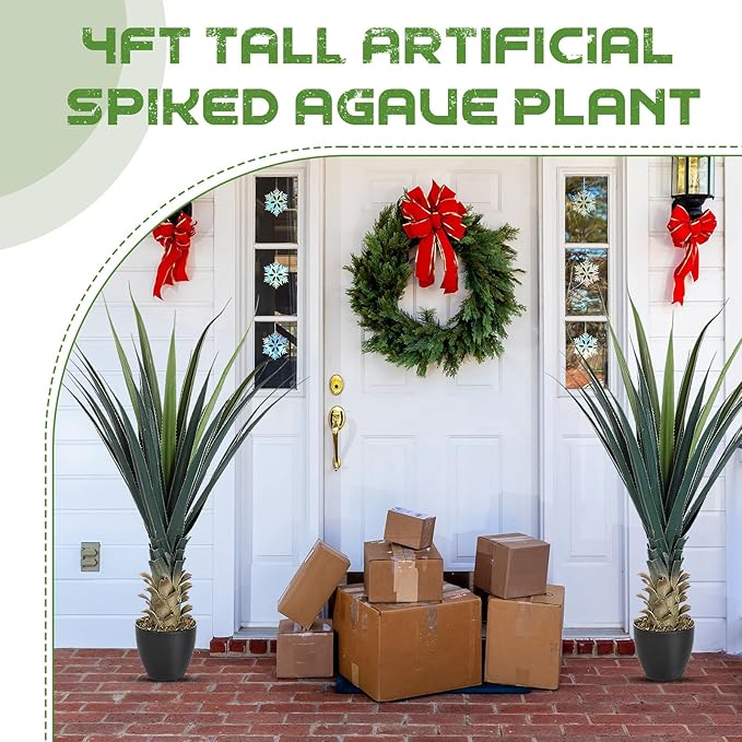 Giegxin 4 Piece 4ft Tall Artificial Spiked Agave Plant Potted Faux Agave Plants 48'' UV Resistant Large Realistic Artificial Greenery Outdoor Indoor for Housewarming Gift House Garden Bathroom