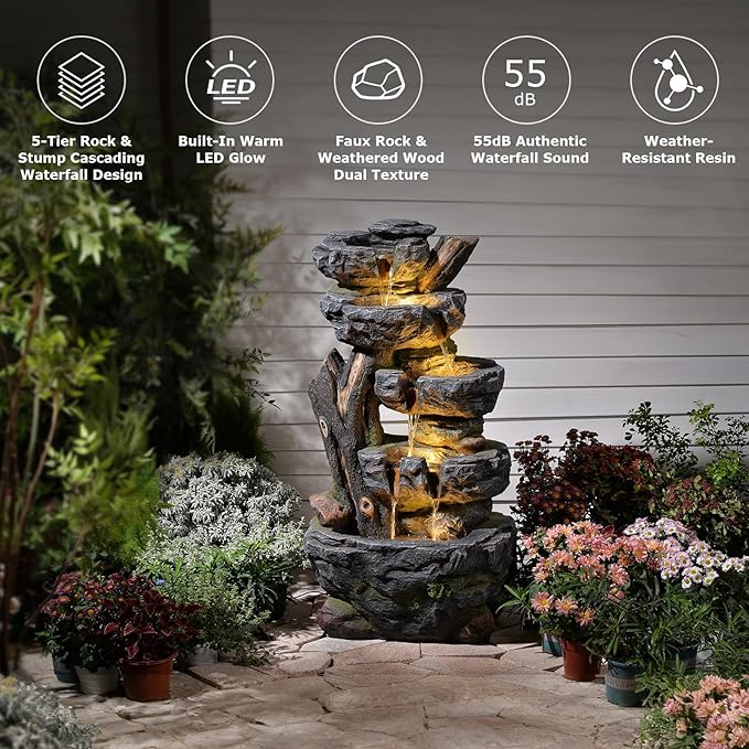 47.2" Tall Outdoor Water Fountain 5-Tier Large Cascading Waterfall Fountain Realistic Rock & Tree Trunk Design with LED Lights, Relaxing Water Flow for Garden, Patio, Backyard & Porch Decor