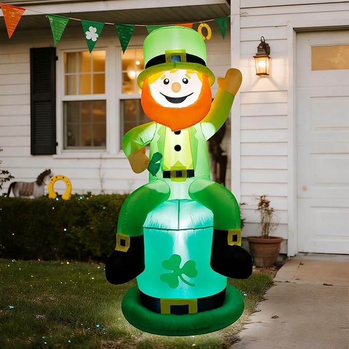 yofit 5 FT St. Patrick's Day Inflatable Leprechaun, Blow up Leprechaun Shamrock Outdoor Decoration with LED Lights, Perfect for Yard Garden Lawn Front Door Holiday Decor