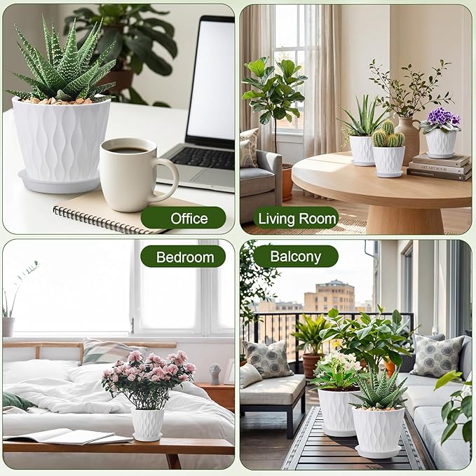Acellegic 48 Pack 4 Inch Small Pots for Succulents, Waffle Texture Pots with Tray, Plastic Planter with Drainage Holes and Saucers, for Indoor Outdoor Plants Flowers, Seedlings (White)