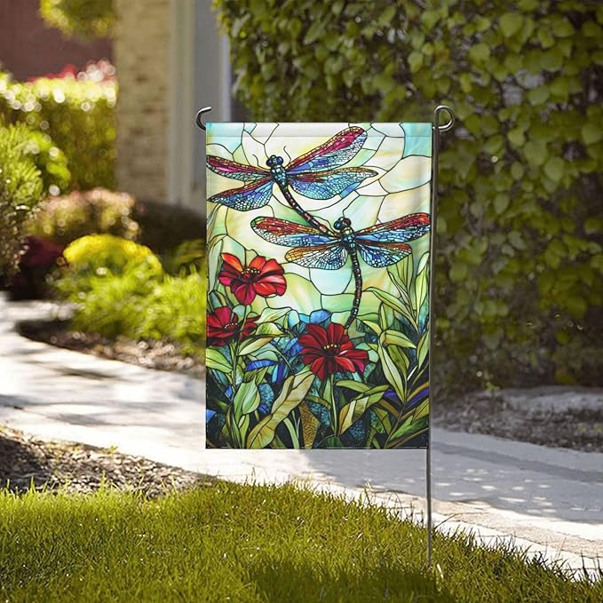 Glass Style Dragonfly Garden Flag 12x18 Inch Double Sided All-Weather Polyester Outdoor Flag For Patio Lawn Yard And Garden Welcome Decor
