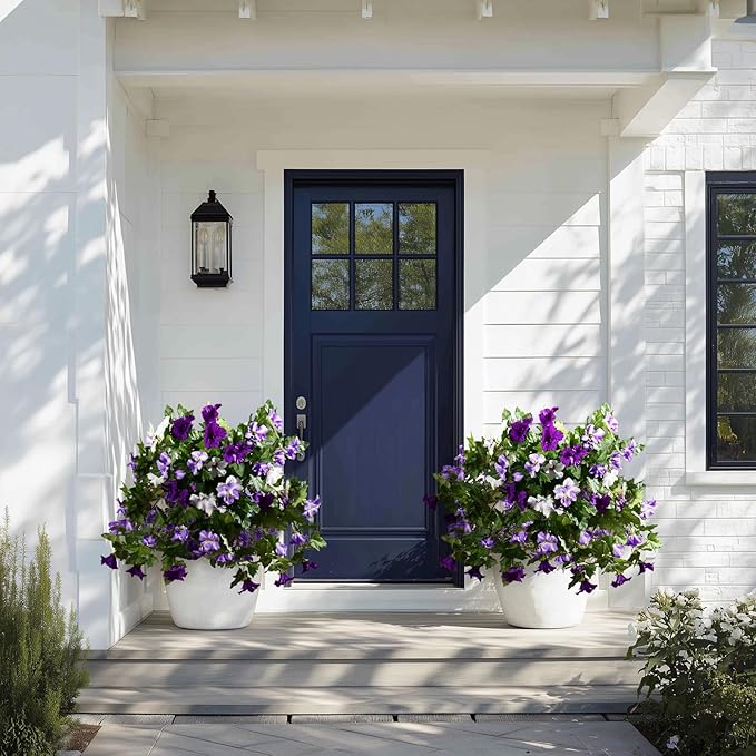Artificial Morning Glory Flowers Plants for Outdoor 2Pcs Faux Silk Petunias Flower Realistic Faux Flowers Plants for Outside Planter Porch Yard Patio Balcony Home Indoor Decor (2 Pcs Purple)