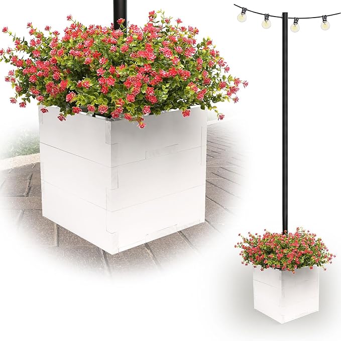 Large Decorative Wooden Planter w/ Universal Pole Support for String Light Poles, Umbrellas, Bird Feeders. Solid Wood Outdoor Garden Patio Box for Plants(Does not include Pole), 14"x14"x14", White