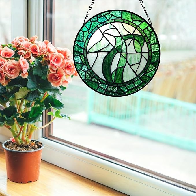 QZQCBLC Stained Glass Window Hanging Abstract Green Plants Large 15" - Suncatcher Door Garden Sun Catcher Home Ireland Decor Birthday Mother's St Patrick's Day Gifts for Mom Men Woman Wife Friends
