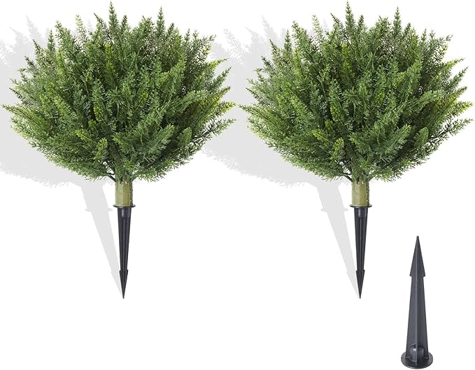 15.7" Christmas Fake Shrubs, Artificial Cedar Ball Tree Plant, 2 Packs of Fake Cedar Outdoor shrubs with Ground Spike, UV Resistant Fake shrubs, Used for Indoor and Outdoor Front Porch Gardens