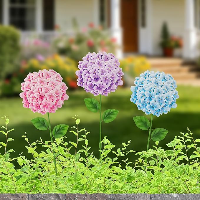 Glitzhome Set of 3 Hydrangea Garden Stakes, Metal Flower Yard Stakes with Hand Painted Color Design, Iron Garden Yard Spring Decor or Wall Decor, 24”H