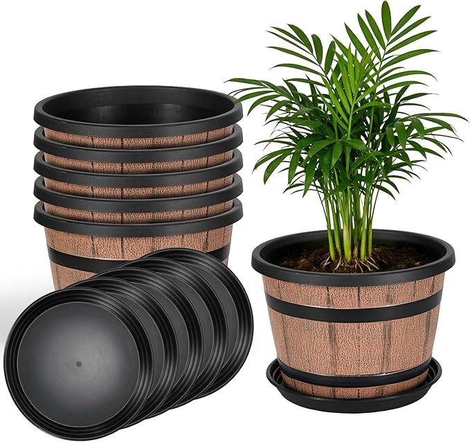 WEICHENGXING 12 Inch Whiskey Barrel Planters with Drainage Holes & Saucer, 5 Pack Plastic Plant Pots with Wine Barrel Design, Flower Pots for Indoor Outdoor Balcony