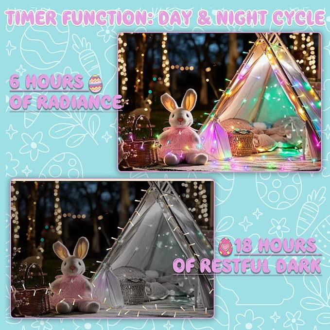 Easter String Lights Battery Operated,Pastel Easter Lights with Timer 9.8ft 30LED Transparent Wire Fairy Lights for Easter Decorations Garland Outdoor Indoor Party