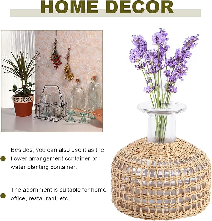 DOITOOL Glass Vase with Rattan Cover, Farmhouse Rattan Vase, Wicker Vase Flower Bud Vase, Decorative Flower Vase Floral Container for Floral Arrangements Housewarming Party Home Decor (L+XS)