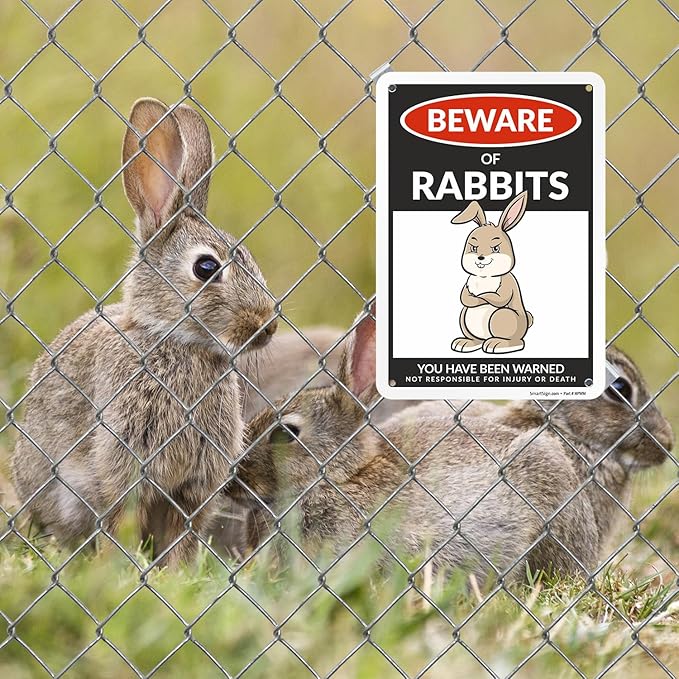 SmartSign Funny Beware Of Rabbits Warning Sign - 10"x7", 40 mil Laminated Rust-free Aluminum - Metal Signs for Farms, Outdoors, Patio, Gifts, Cafe - Rabbits Theme, Made in USA