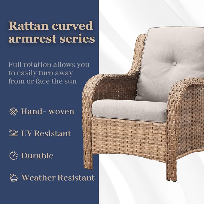 HUMMUH Patio Chairs Wicker Patio Dining Chairs Set of 2 PE Rattan Deep Seating Outdoor Chairs with 4 inch Seat Cushions (Yellow/Beige)