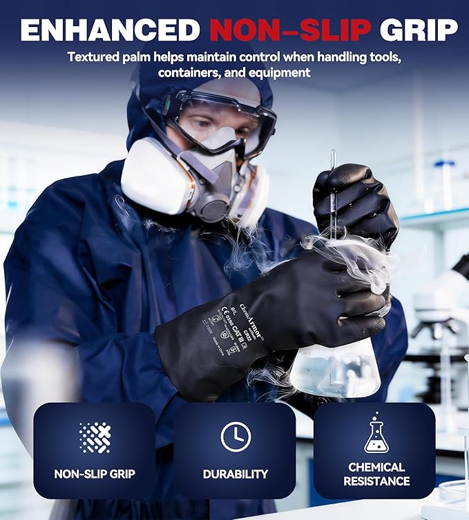 Heavy Duty Rubber Safety Work Gloves, Chemical Resistant Latex Gloves for Cleaning, Acid & Alkali Protection, Hazmat Use, Black, Medium