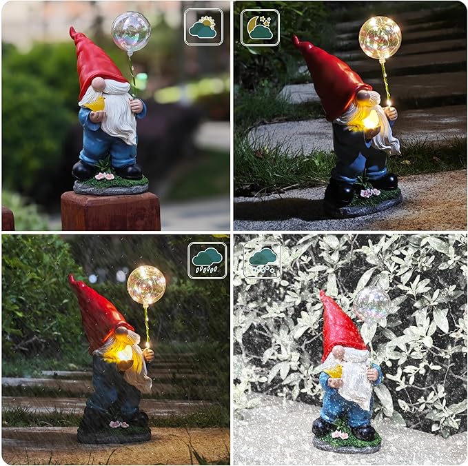 Solar Garden Male Gnome Statue, Detachable Outdoor Garden Decorative Stakes, Resin Gnome Holding Light-Up Bird & Bubble Wand, Upgraded 8-10H Lighting, for Patio, Yard, Flower Bed & Pathway, 10.63"