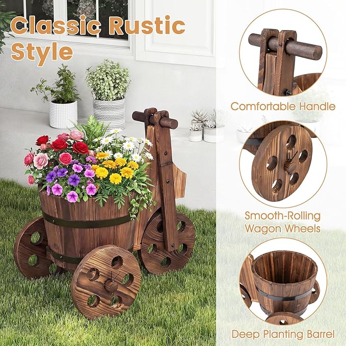 Giantex Wooden Wagon Planter with Wheels, Rustic Wood Plant Stand with 3 Wheels & Drainage Hole for Flowers Herbs Vegetables, Indoor Outdoor Decorative Garden Flower Cart for Patio Backyard (2)