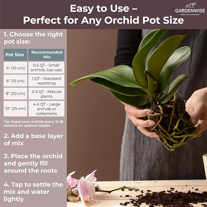 GARDENWISE Orchid Potting Mix – Orchid Bark, Sphagnum Moss, Tree Fern & Perlite for Repotting Phalaenopsis Orchids, Indoor Plants, Orchid Soil Medium – Sustrato para Orquídeas (3 Quart)