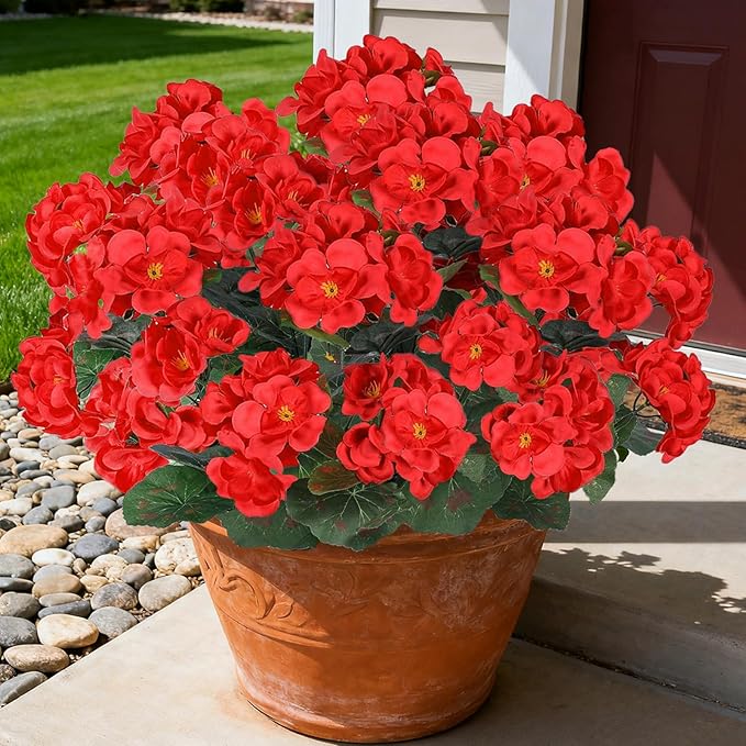 Artificial Flowers for Outdoors, 6 Bundles Realistic Silk Fake Red Geraniums, UV Resistant Faux Flowers for Planters, Hanging Baskets, Window Boxes, Porch, Patio Valentine's Day Decor