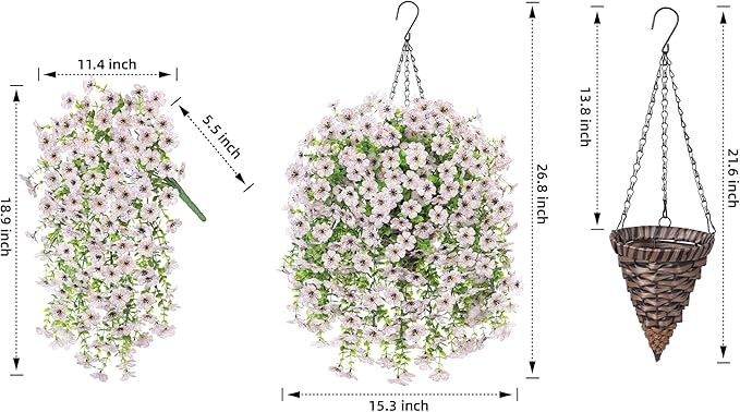 HyeFlora Artificial Hanging Flowers Basket for Outdoor, Fake Flowers Faux Plants Look Real for Yard Gardens Porch Patio Home (White)
