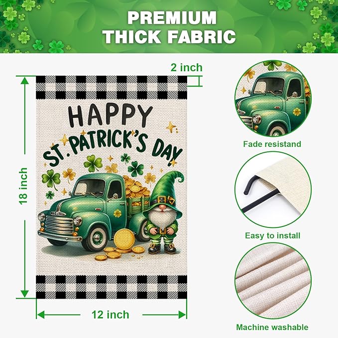 Happy St Patricks Day Garden Flag 12x18 Inch Double Sided Shamrocks Gnome Truck Buffalo Plaid Outside Small Flag for Yard Outdoor Holiday Decoration