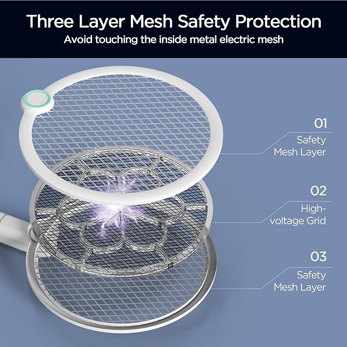 Foldable Electric Fly Swatter 3800V Bug Zapper Racket Rechargeable with UV Lights, Portable Handheld Cordless Mosquito Rackets to Kill Mosquitoes, Wasps, Gnats, Fruit Flies, Flies for Indoor Home