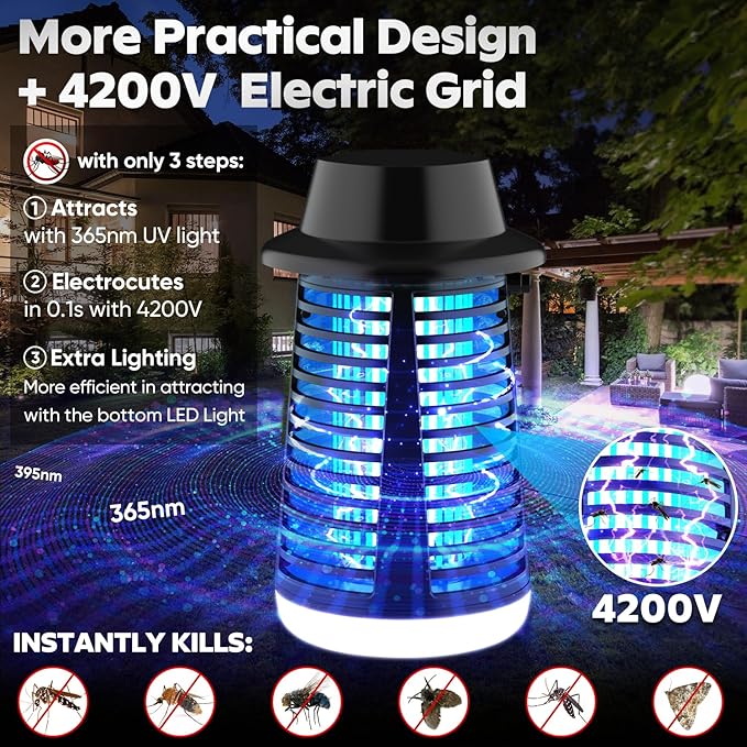 Bug Zapper Outdoor, Fly Zapper Indoor, Mosquito Zapper with LED Light - 4200V Electric Fly Trap with 5.9ft Cable, Flying Insect Killer, Mosquito Repellent Outdoor Patio and Backyard, Home, Camping